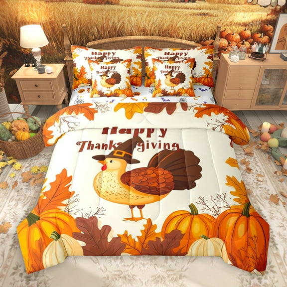 Manfei Happy Thanksgiving 7-Piece Twin Bedding Sets,Cute Turkey Bedding Comforter Set,Rustic Pumpkin Maple Sheet Sets For Girl Kids,Luxury Bedroom Decor Reversible