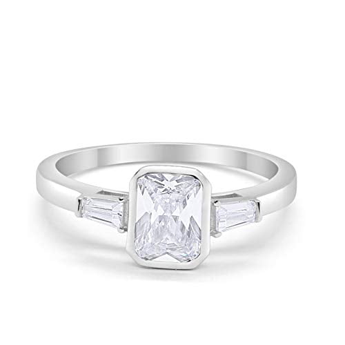 3-Stone Baguette Engagement Ring CZ 925 Sterling Silver Size 4