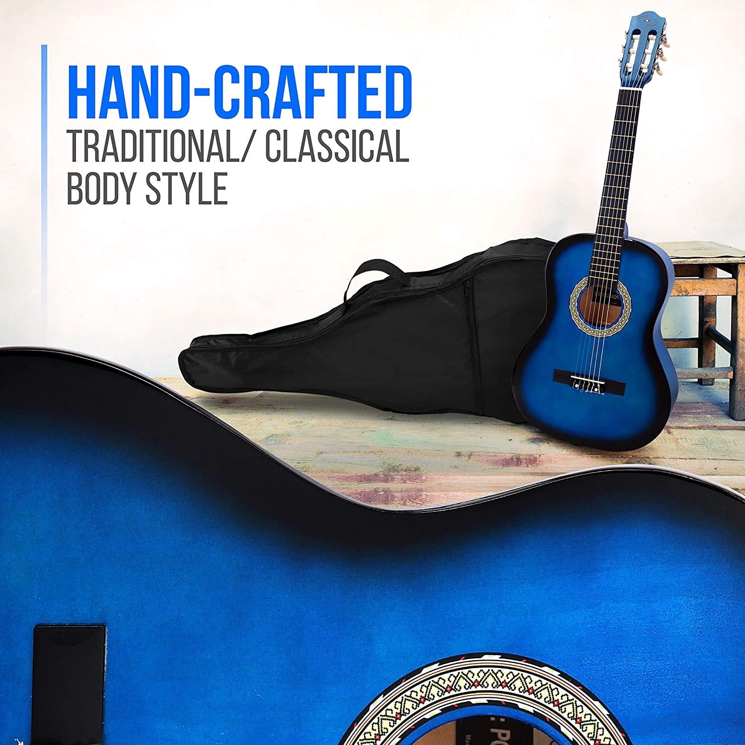 Pyle 36'' -Inch 6-String Classic Guitar - 3/4 Size Scale Guitar with Digital Tuner & Accessory Kit, (Blue burst)