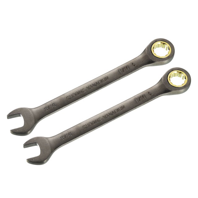 Uxcell 2pcs 9/16" Ratcheting Combination Wrench SAE 90 Teeth 12 PT Ratchet Spanner