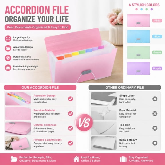 Kumdkd 12-Pocket Expanding File Folder - Color Coded Accordion Organizer for Office & Taxes (Letter Size, Waterproof)