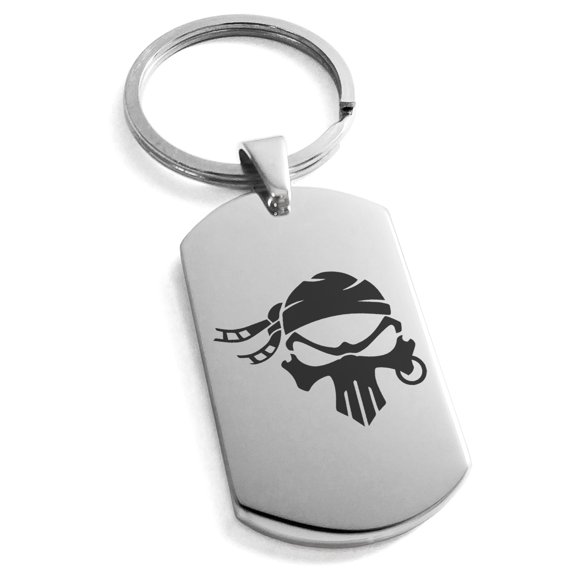 Stainless Steel Pirate Bandit Skull Engraved Dog Tag Keychain Keyring