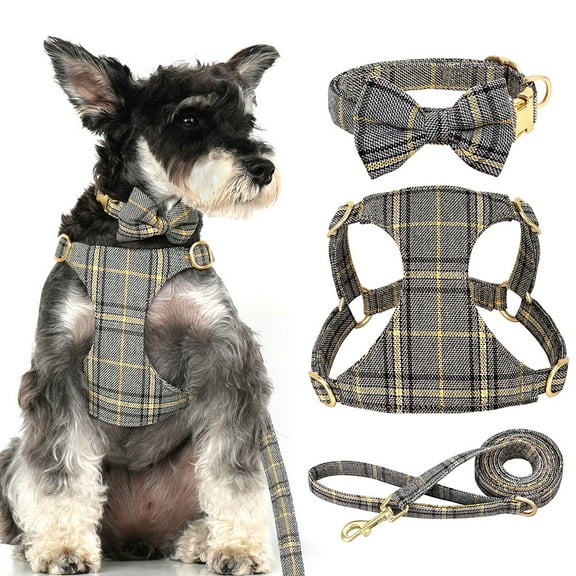 Pet Artist Cute Grid 3pcs Pet Puppy Cat Small Dog Vest Harness and Bowtie Collar and Leash set for Chihuahua Yorkie