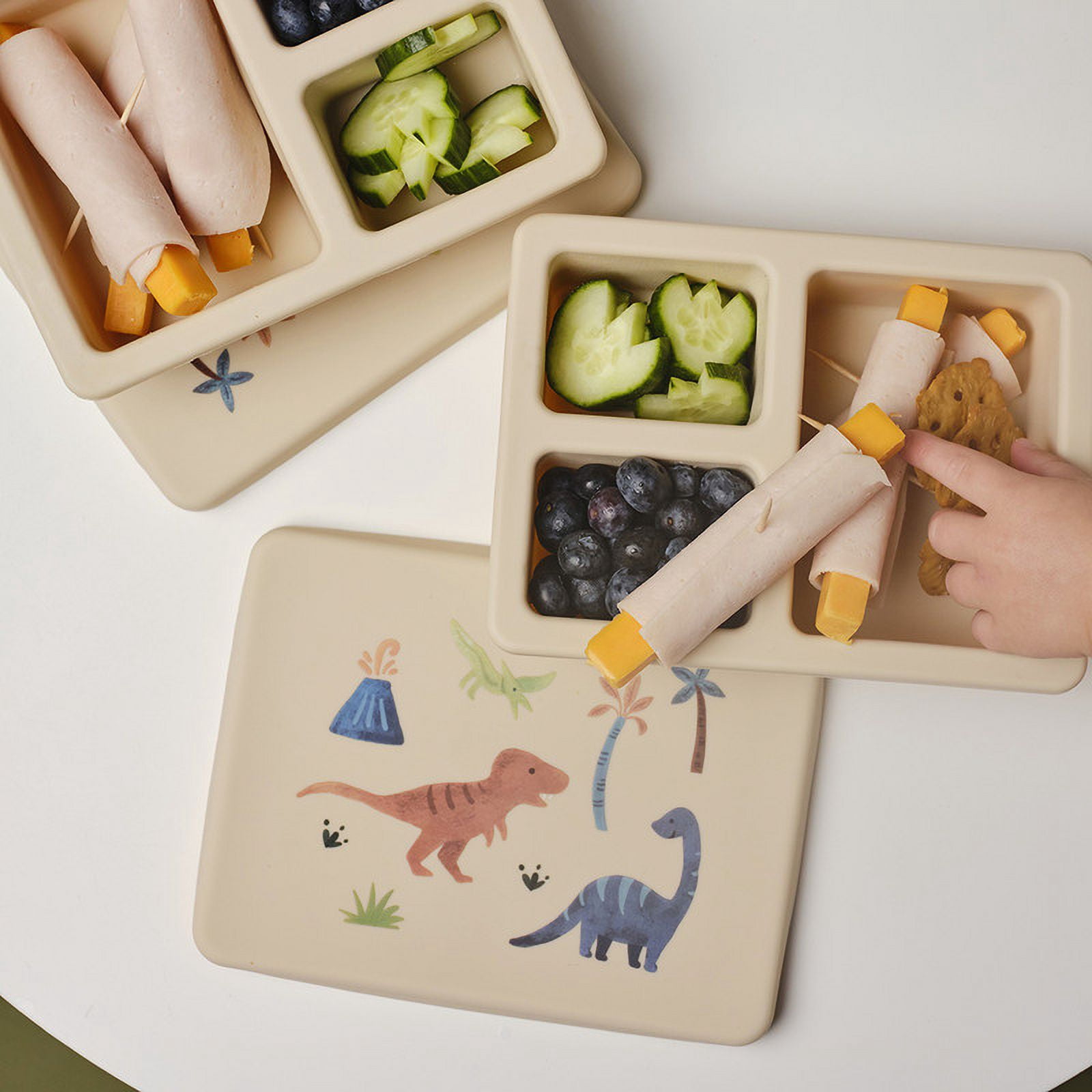 Austin Baby Co Leak-Proof Mini Bento Lunch Box for Toddler and Kids – Silicone Container with 3 Leak-proof Compartments – Food-Safe Materials, Dishwasher Safe, and BPA Free (Dinosaur Warm Cream)
