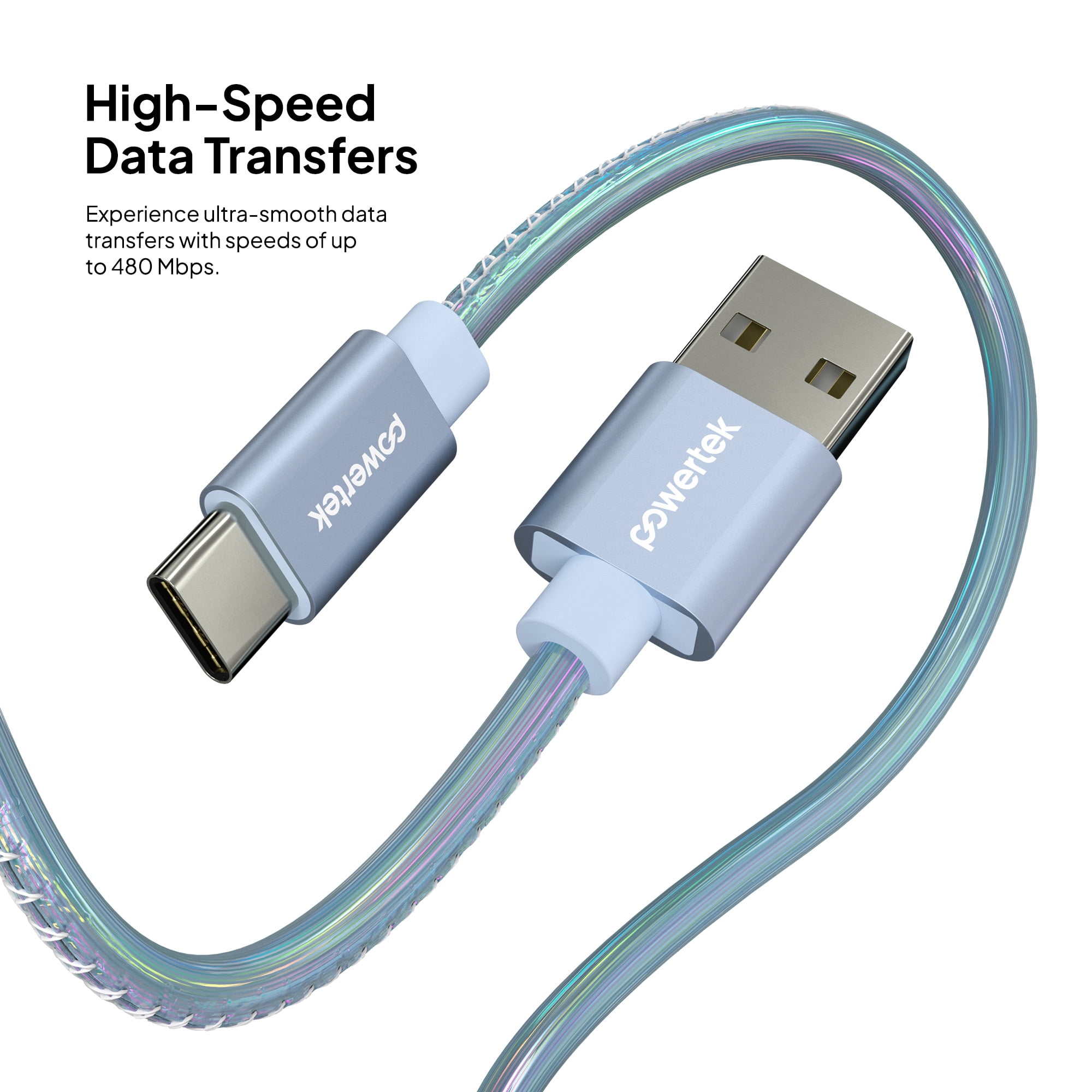 Powertek USB-A to USB-C (Type-C) Metallic Shine Pastel Charging Cable, 6 ft, Blue