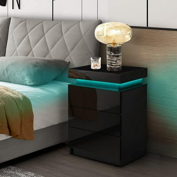 CLIPOP Modern Nightstand, LED Night Stand with 3 High Gloss Chest of Drawers, Bedside Table Cabinet with Remote Control Lights, Wood Matte Nightstand 21.6" Tall Bedroom Furniture, Black