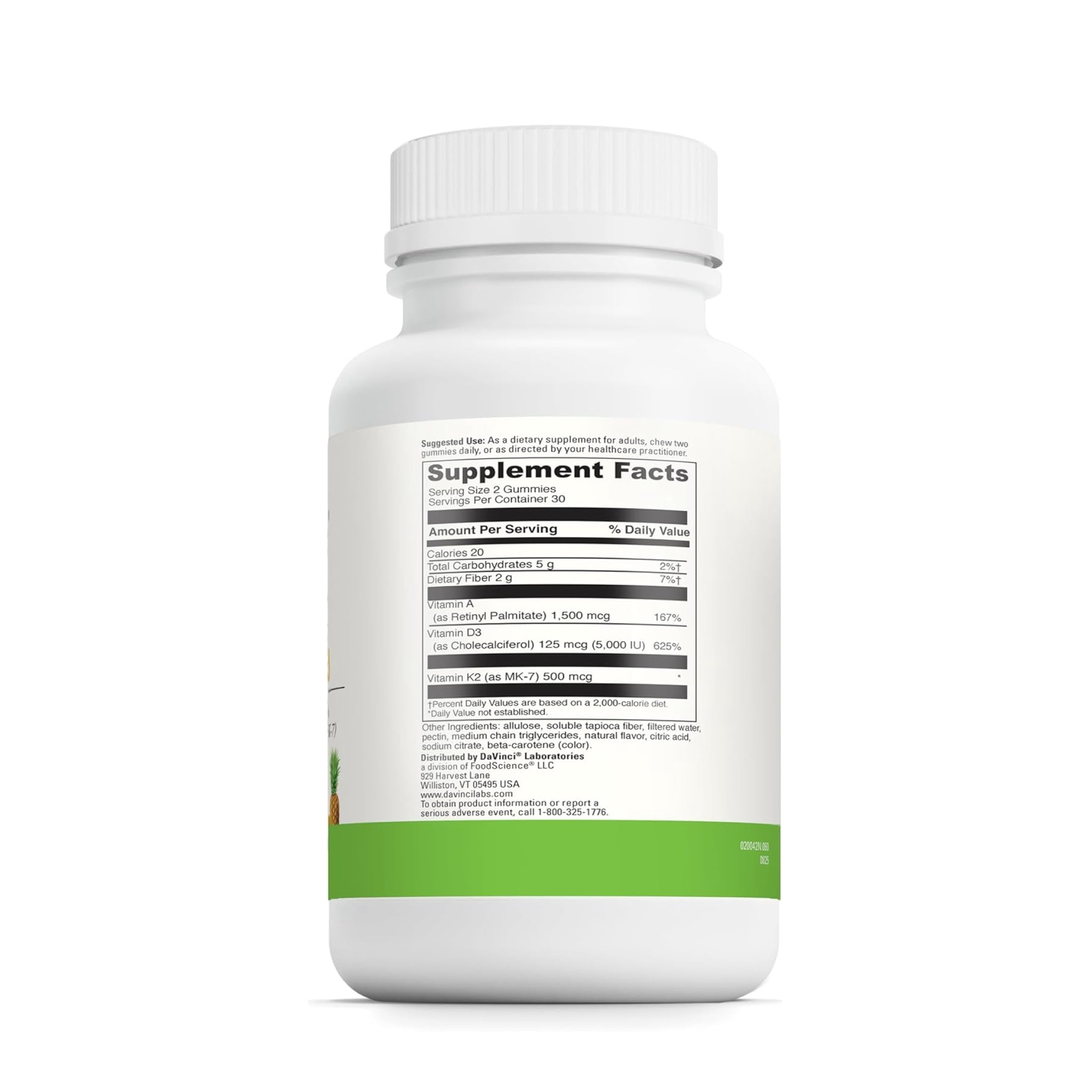 DaVinci Labs ADK Gummies Sugar-Free, Pineapple Flavored Allulose Gummy Vitamin Supports Bone, Heart, and Immune Health Vegetarian, Gluten-Free, 60 Count