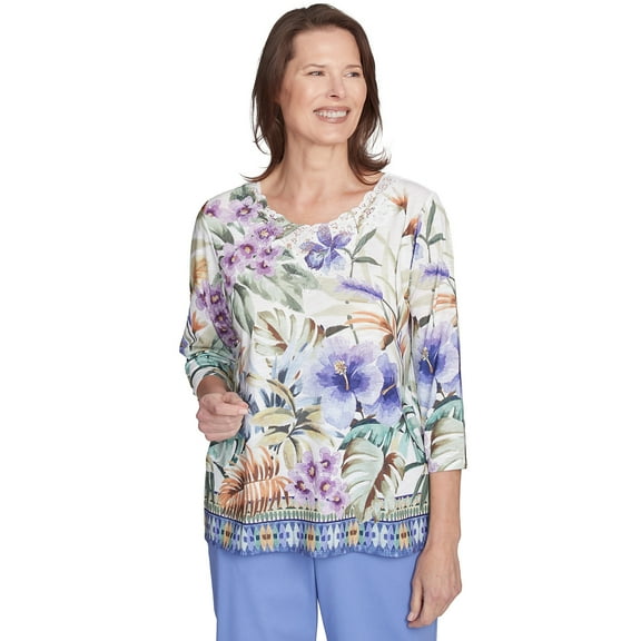 Alfred Dunner Womens Tropical Floral Border Top