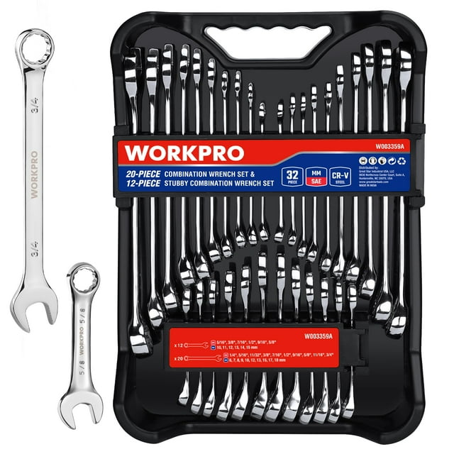 Juego de llaves WORKPRO de 32 piezas SAE y métricas con bandeja organizadora
