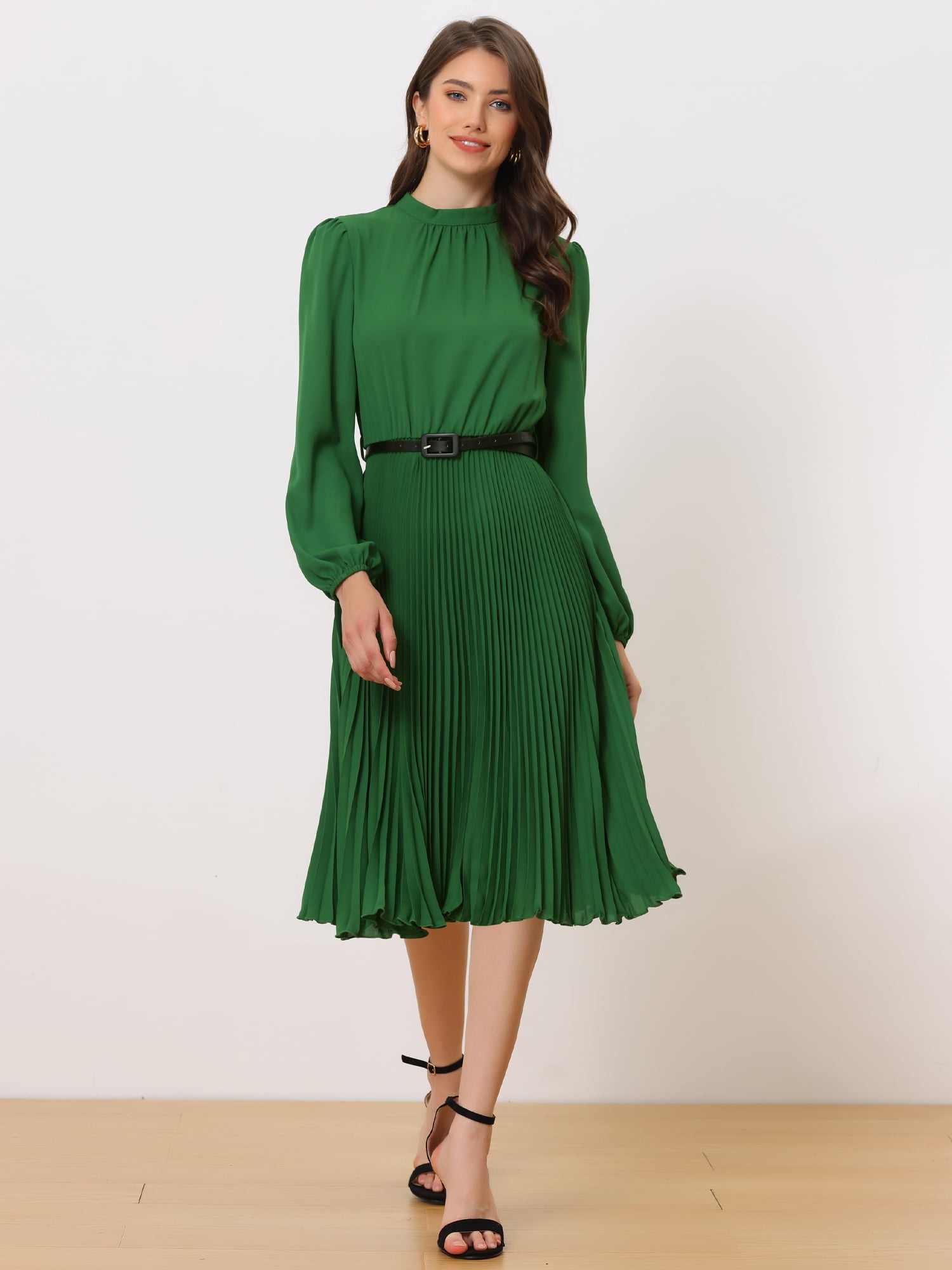 DARING DIVA Work Shirt Long Sleeve Pleated Midi Dress S Green