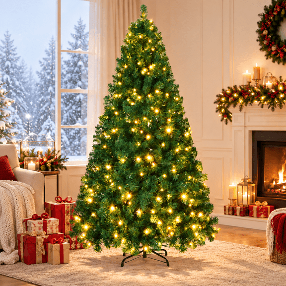 Fenbeli 6ft Pre-Lit Artificial Christmas Tree, 250 Warm White LED Lights, 1,000 PVC Branch Tips, Full Hinged Design with Foldable Metal Stand, Easy Assembly for Indoor & Outdoor Holiday Decor, Green