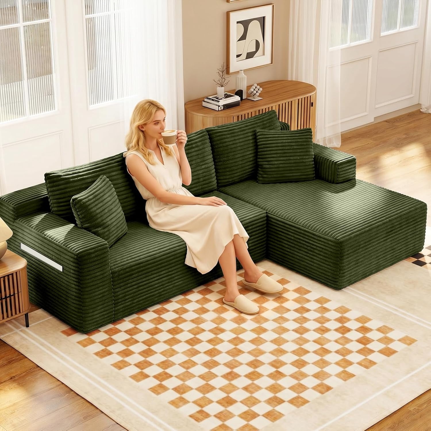 MOONMISS L-Shaped Cloud Sectional Couch with Chaise,Modern Corduroy Upholstered Modular Boneless Sofa,No Assembly for Living Room Apartment(Green,Right)