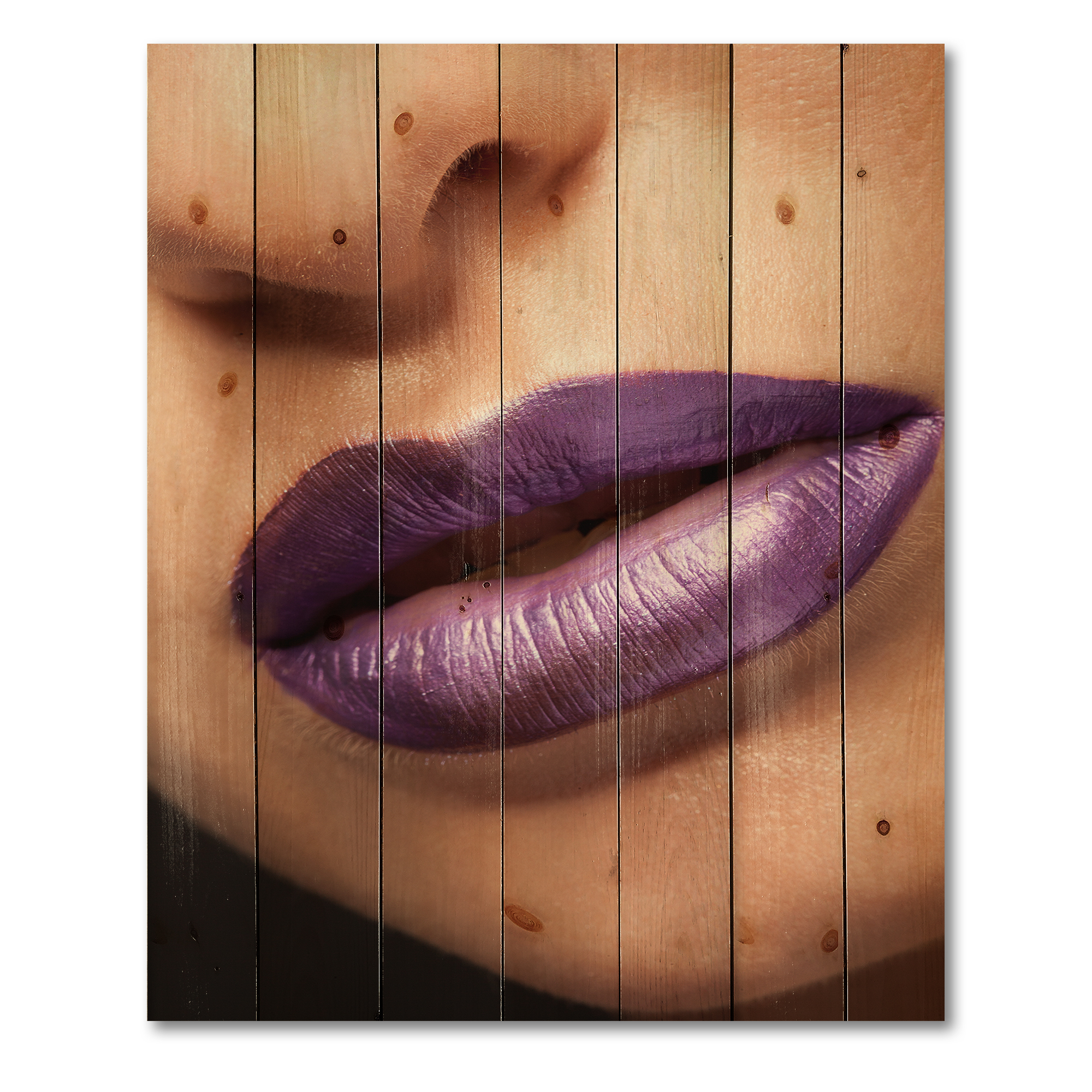 Designart 'Close Up View of Girl Lips With Purple Lipstick' Modern Print on Natural Pine Wood