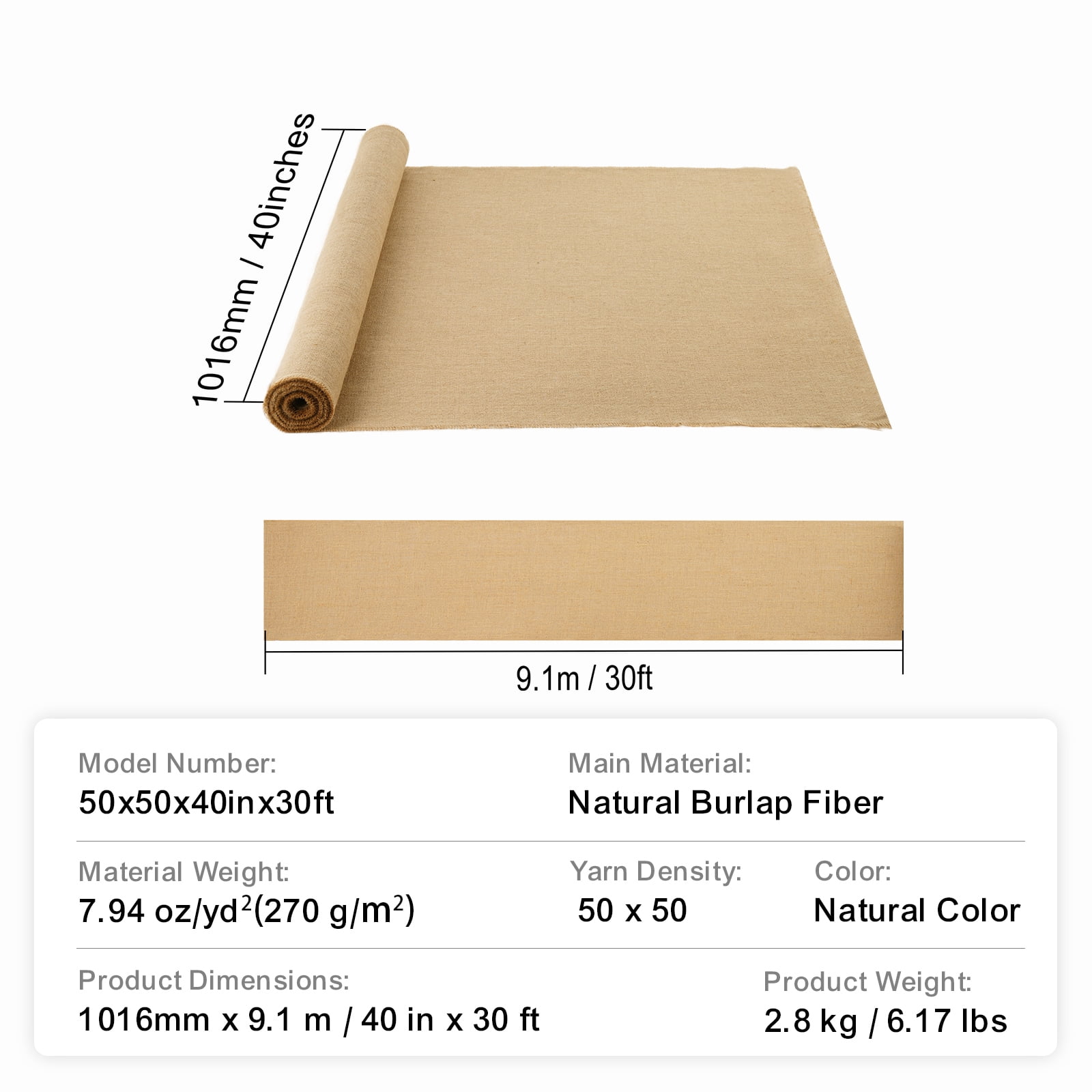 KFFKFF Natural Jute Burlap Roll, 40” x 30 ft & 50 x 50 High Density, Wide for DIY, Decorations, Weddings, Gardening, and Winter Plant Protection