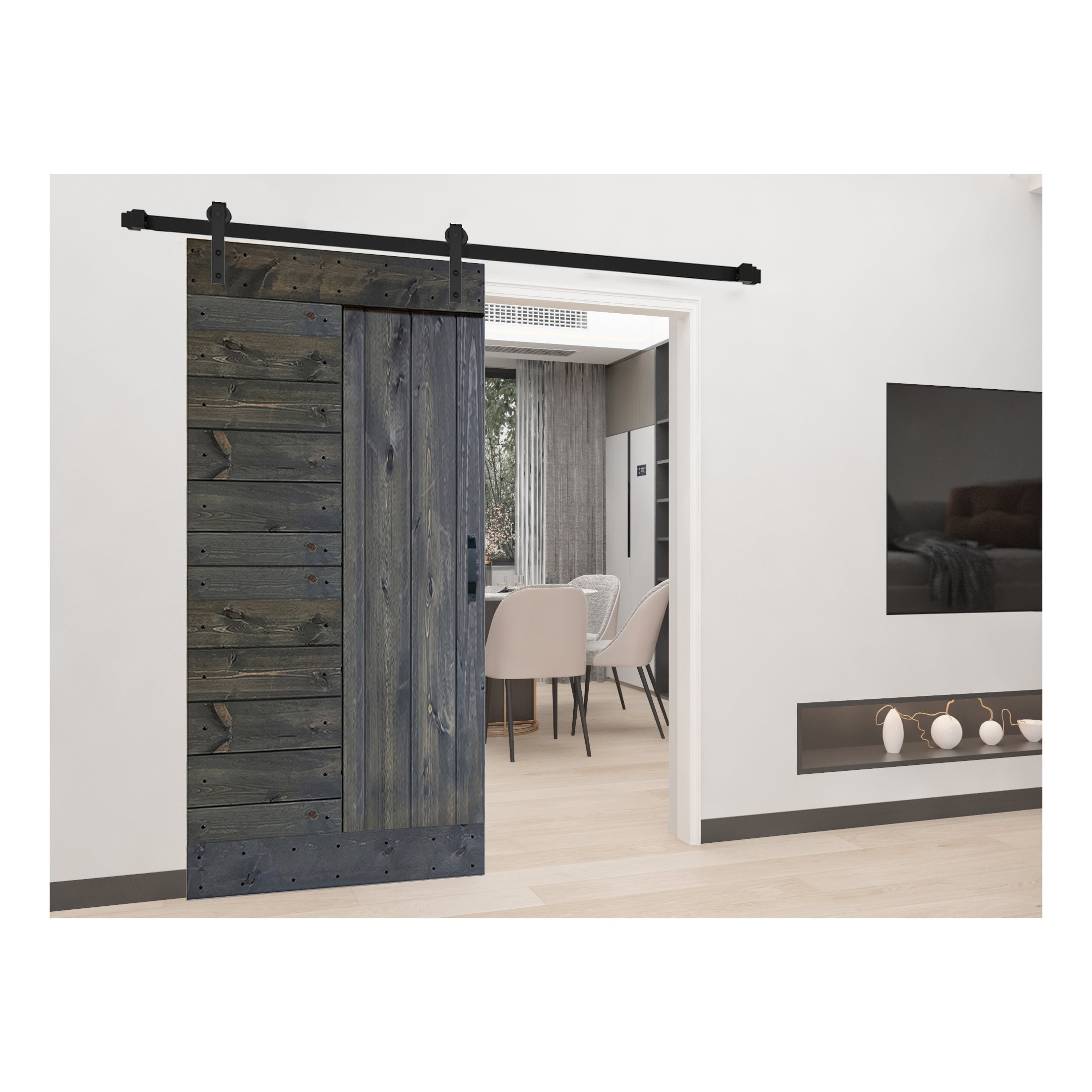 Carbon Gray Solid Knotty Pine Wood Sliding Barn Door Kit with Black Hardware