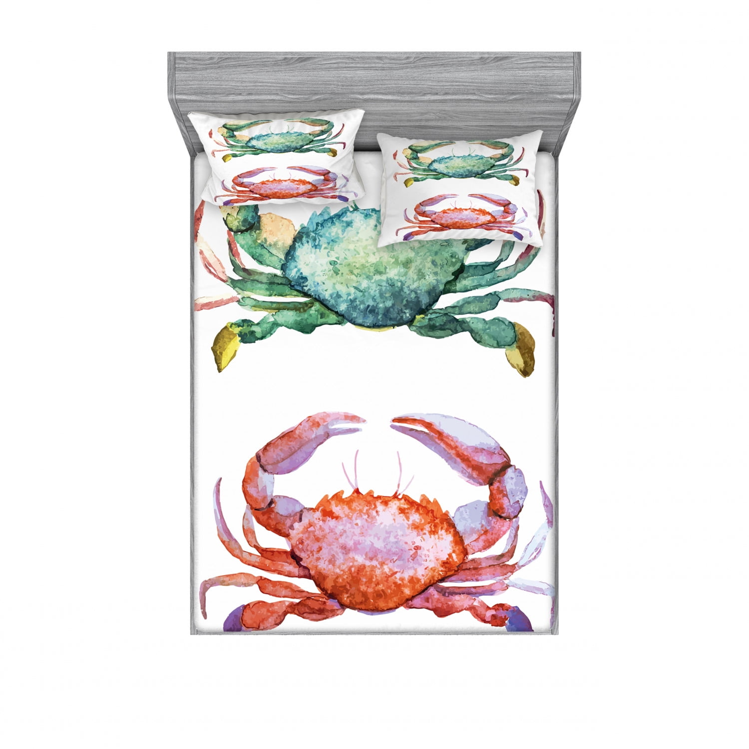 Crabs Bedding Set with Sheet & Covers, Watercolor Style Effect Sea
