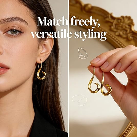 Twisted Drop Earrings - 14K Gold Plated & Silver Plated Dangle Earrings, Modern Abstract Curved Hook Earrings for Women, Hypoallergenic Statement Jewelry
