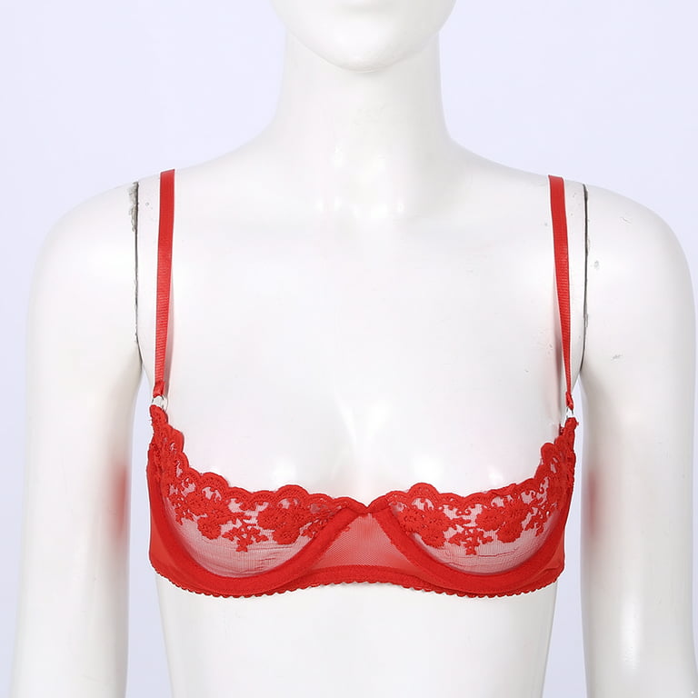 TiaoBug Women Floral Lace 1/4 Cup Underwired Bra Push Up Bralette Lingerie  Red 3XL 