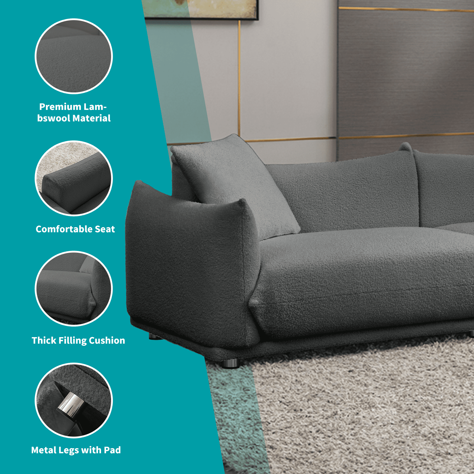 Sofa 87'' Lambswool 3 Seat Cushion Couch for Living Room,Mid Century Comfy  Modular Sofa with Throw Pillows