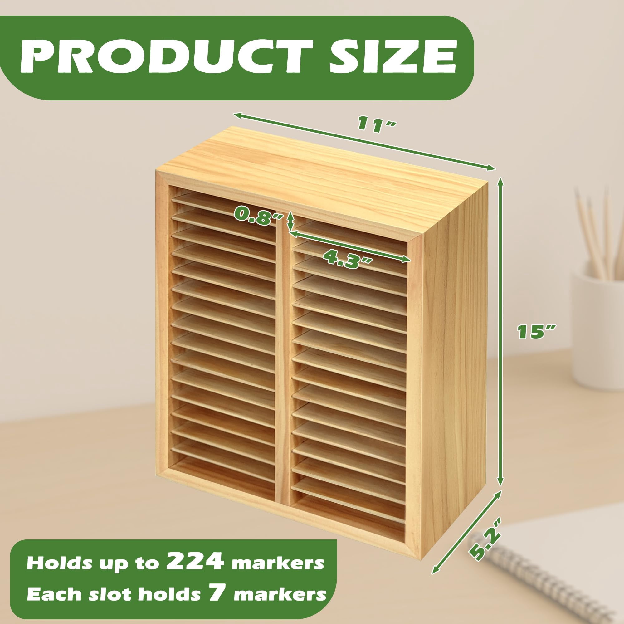 Marker Organizer For 224 Markers Wooden Holder With 32 Slots  Pens Pencils Art Supply Storage Desk Home Classroom Office Decor(natural 15"x11"x5.2 ")
