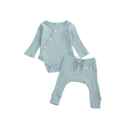 

Newborn Unisex Baby Organic Cotton Kimono Bodysuit and Striped Pants Basic Plain Rib Stitch Knitted Outfits Set