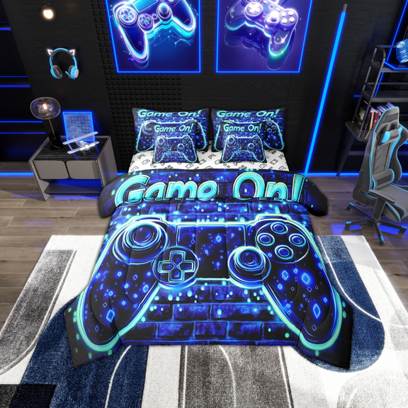 Modern Game 7 Pcs Comforter Set Full Size Bed in a Bag, Men Gaming Bed Set,Neon Lines Gamer Video Controller Bedding Sets with Comforter,Flat,Fitted Sheet,Pillowcases,Pillow Covers