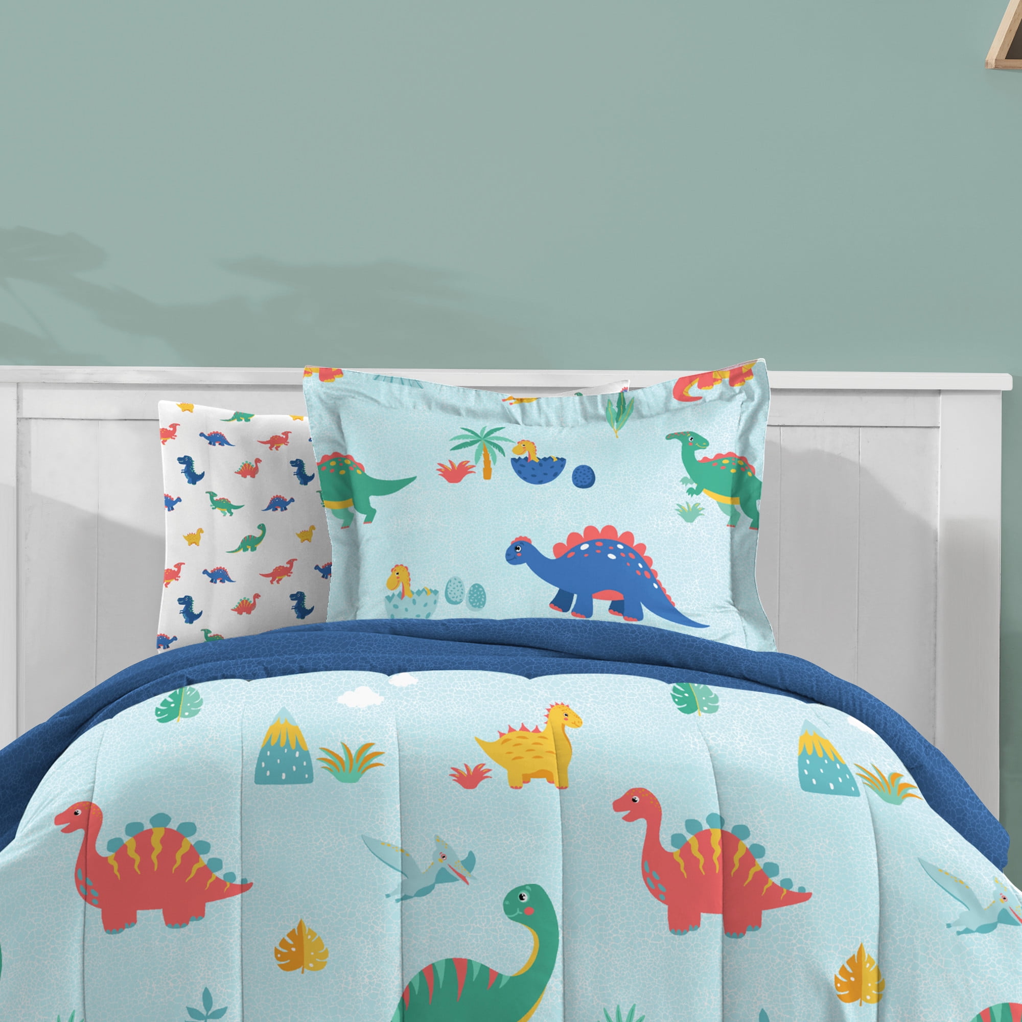 Dream Factory Sweet Dino Twin Bed in a Bag Blue, Microfiber, 100% Polyester Fill, Male, Child