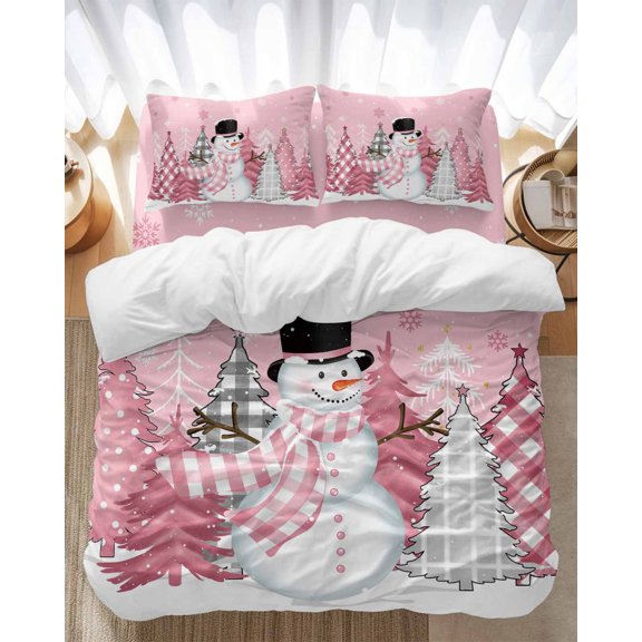 Pink Christmas Bedding Duvet Cover Set King Size 4 Pieces Snowman Soft Twill Plush Quilt Cover, Include 1 Duvet Cover 1 Flat Sheet And 2 Pillow