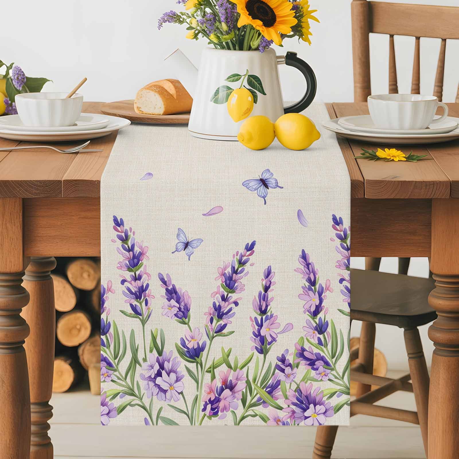 Vintage Lavender on Linen Table Runner 90 Inches Long, Country Floral Art Table Runners Tabletop Scarf Kitchen Dining Tables Decoration for Home Party Indoor Outdoor