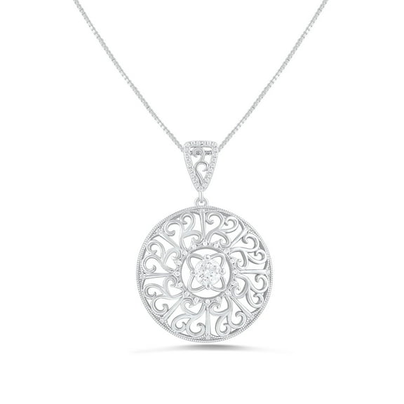 SilverCloseOut Round Filigree CZ Necklace 925 Sterling, Sterling Silver, 18 Inch, Box (Includes 18 Inch Italian Box Chain)