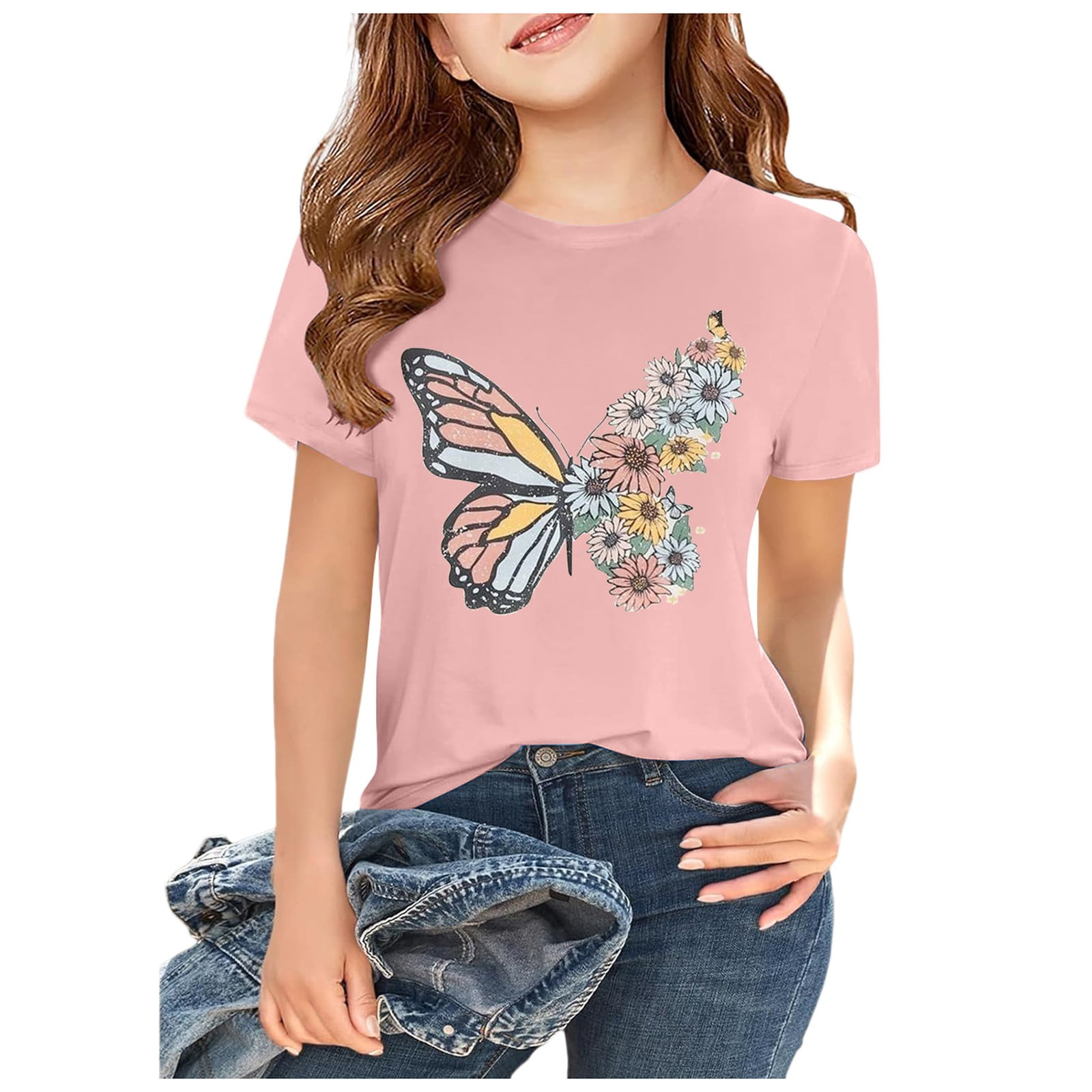 Girls' Shirts Kids Tops Baby Crew Neck Short Sleeve Cartoon