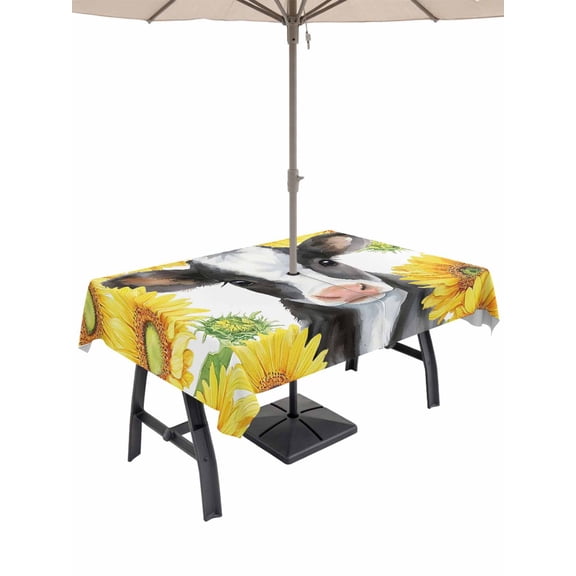 Cow Sunflowers Outdoor Tablecloth - 60x102 Inch Rectangle Dining Table Cover, Farmhouse Country Watercolor Animals Floral Waterproof Outdoor Table Cloth with Umbrella Hole & Zipper for Picnic/Patio