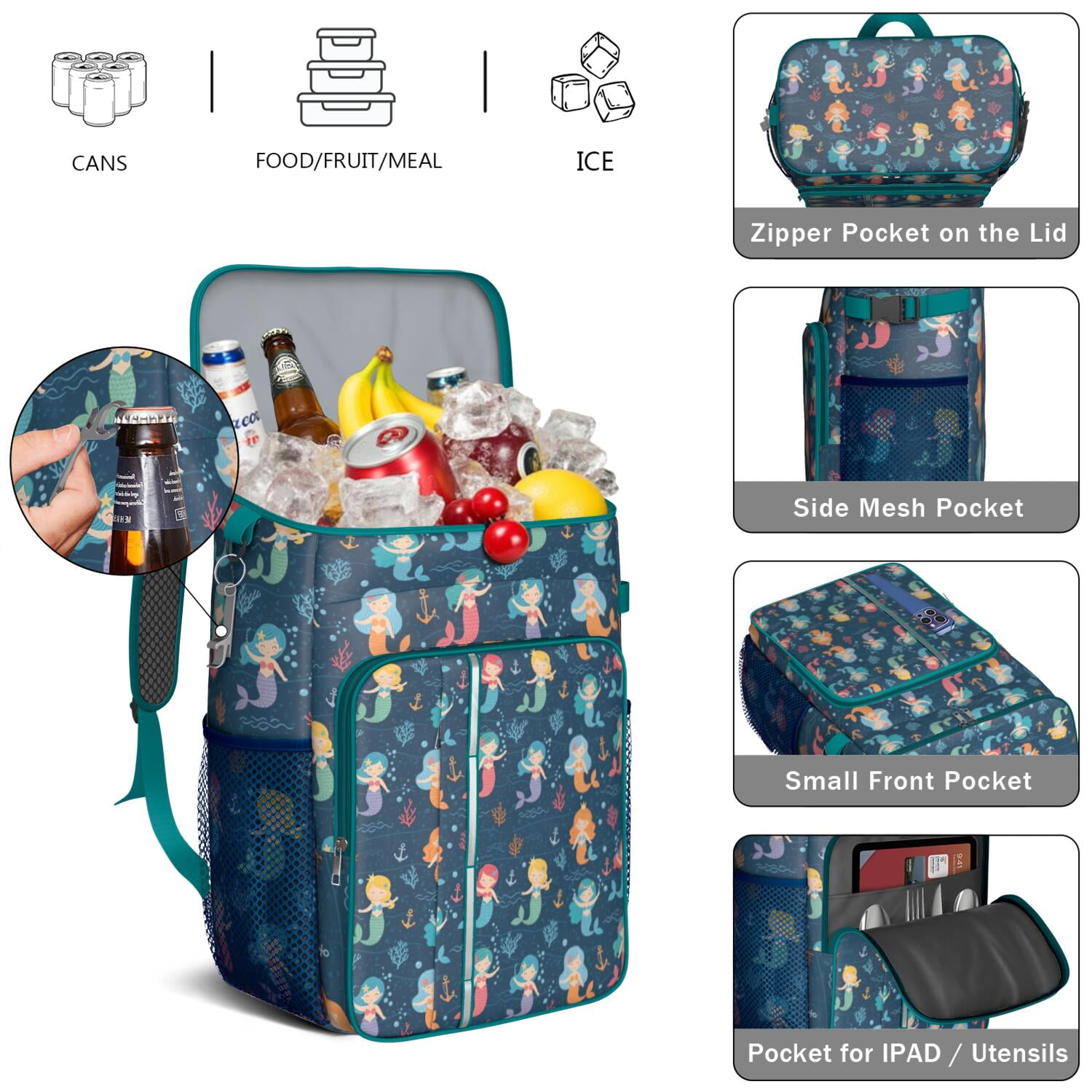Travel Cooler Bag - Dark Blue Mermaid Pattern Camping Beer Cooler Backpack with Bottle Opener- Waterproof Insulated Picnic Backpacks - Cooler Bag for Beach