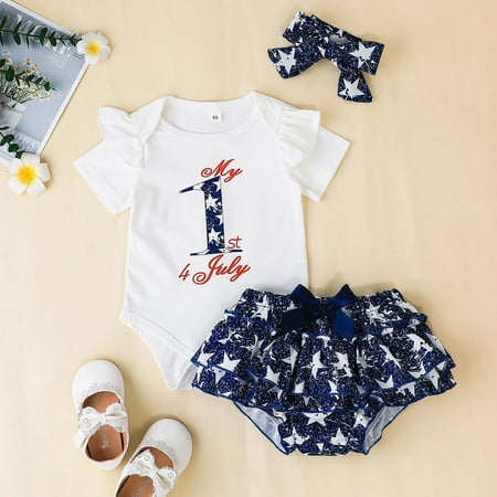 

Boys Girls 3M-18M Short Sleeve Independence Day 4th-of-July Letter Printed Romper Bodysuits Stars Ruffles Shorts Headbands Outfits
