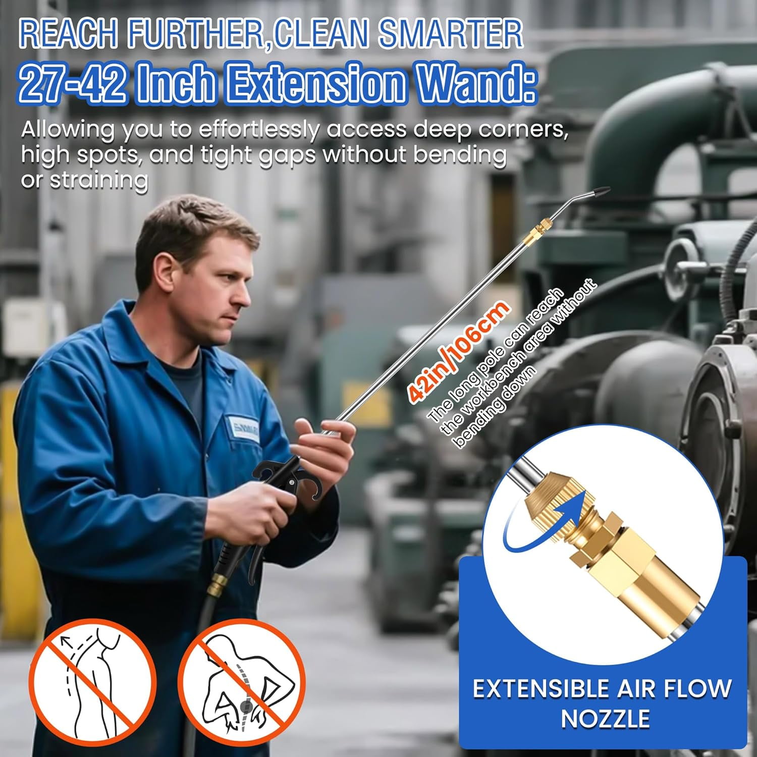 High Pressure Air Blow Gun, 27-42 Inch Extension Long Air Nozzle Blower Wand with 1/4" NPT Inlet & Lever Grip, Heavy Duty Industrial Blow Gun Pneumatic Tool for Radiator Compressor Attachments