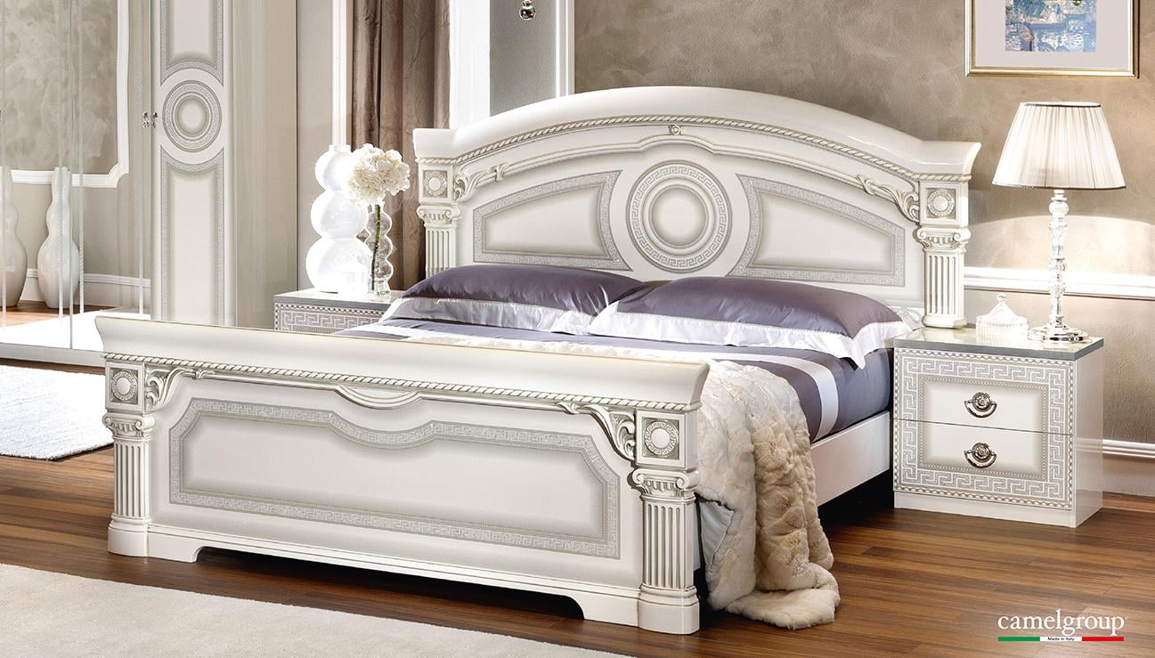 Glossy White Silver Finish King Platform Bedroom Set 3Pcs Made in