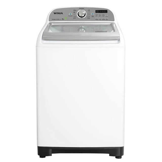 Lavadora Winia 19 kg blanca de carga superior con tapa de cristal templado y sistema de cerrado suave, panel digital con perilla central, tecnología AIR BUBBLE 4D, 9 programas automáticos, 3 niveles de agua y temperatura, filtro atrapa pelusa y opción de enjuague extra, ideal para facilitar el lavado eficiente en hogares grandes.