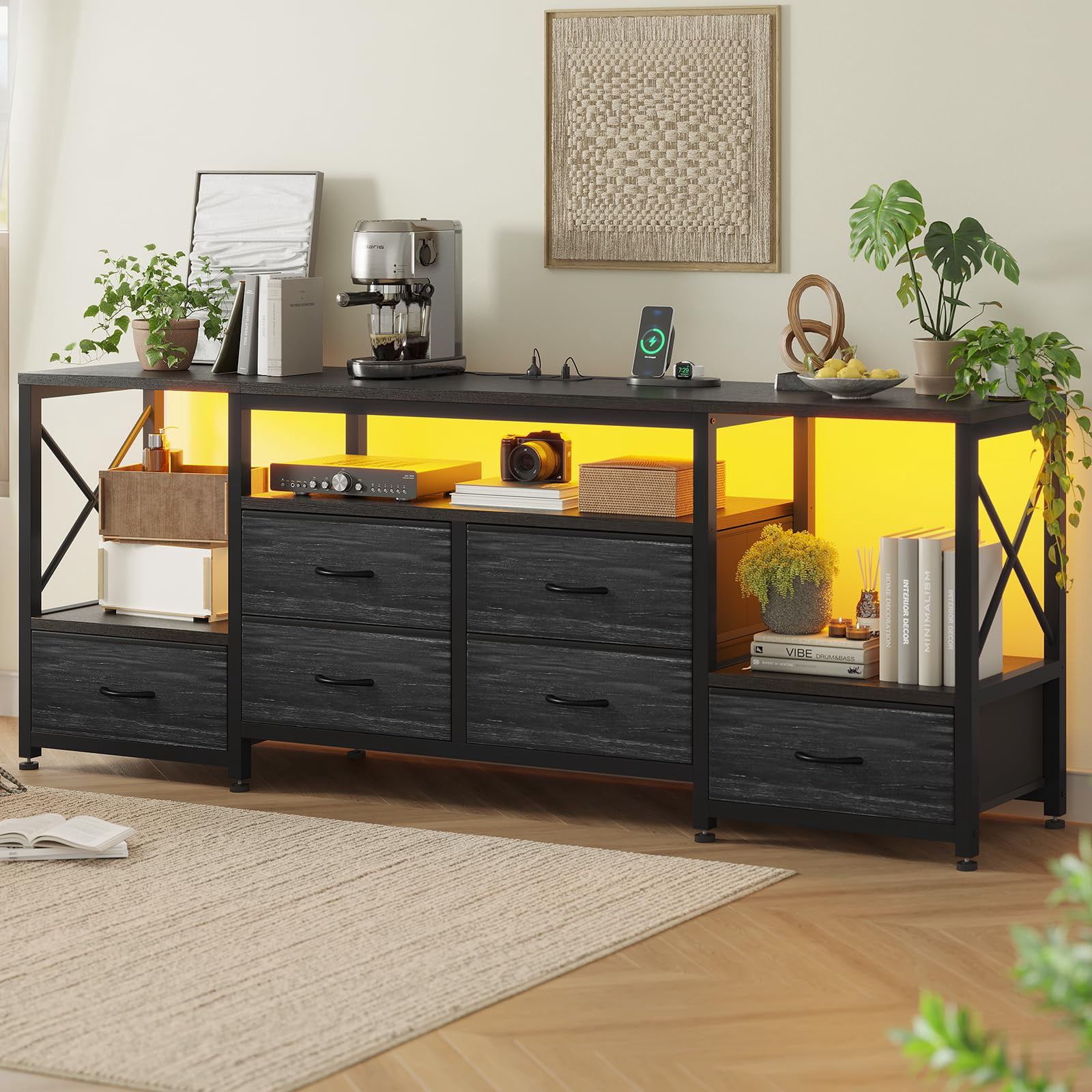 LED TV Stand for 75 Inch TV, Entertainment Center with LED Light & Power Outlets,63" TV Stand with 6 Fabric Drawers for Bedroom,Charcoal Black