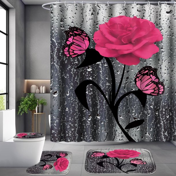 Juego de baño de 4 piezas, juego de cortinas de ducha con rosas amarillas, juego de cortinas de ducha románticas con alfombras (alfombrilla de baño, alfombrilla en forma de U y alfombrilla para tapa