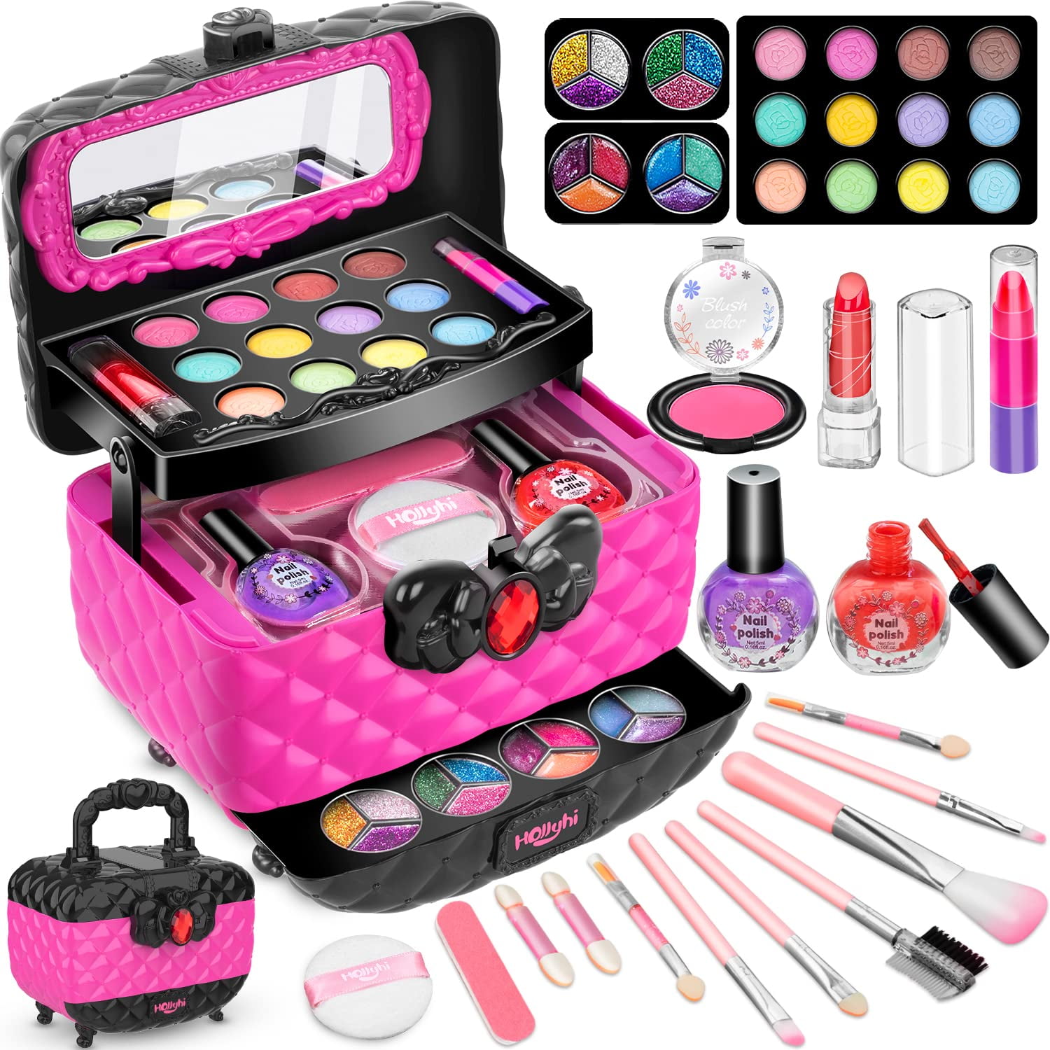 Kids Pretend Makeup Kit with Cosmetic Bag for Girls 3-10 Year Old -  Including Pink Brushes,Eye Shadows, Lipstick,Mascare,Gittler Pot, Liquid  Foundation,Nail polish bottle and More(Not Real Makeup) 