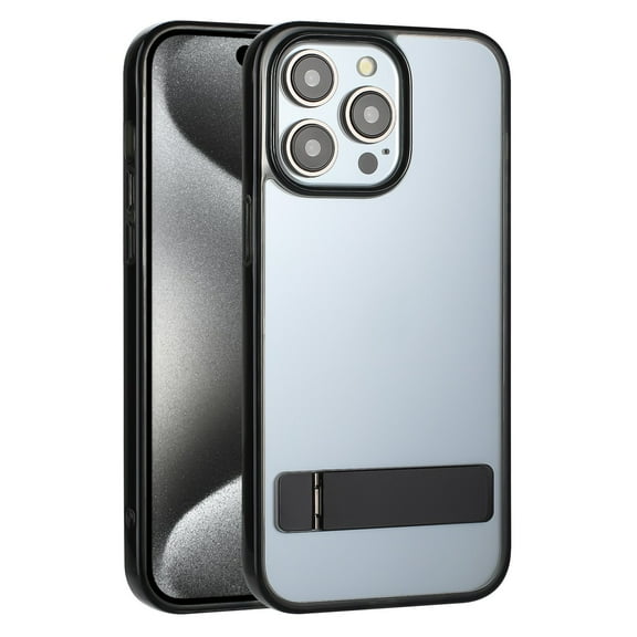 For Apple iPhone 15 Pro Max 6.7 inch Transparent Crystal Building Kickstand Shockproof Protective Hybrid Case Cover Black