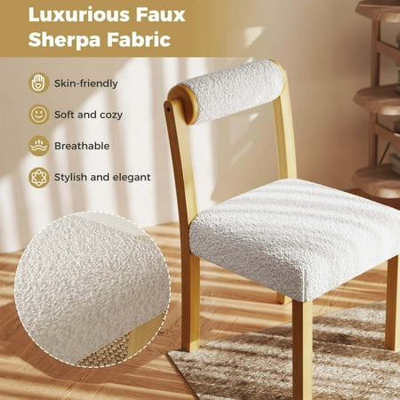 Costway - Wooden Dining Chair Set of 2 Faux Sherpa Upholstered Kitchen Dining Room Chairs - White