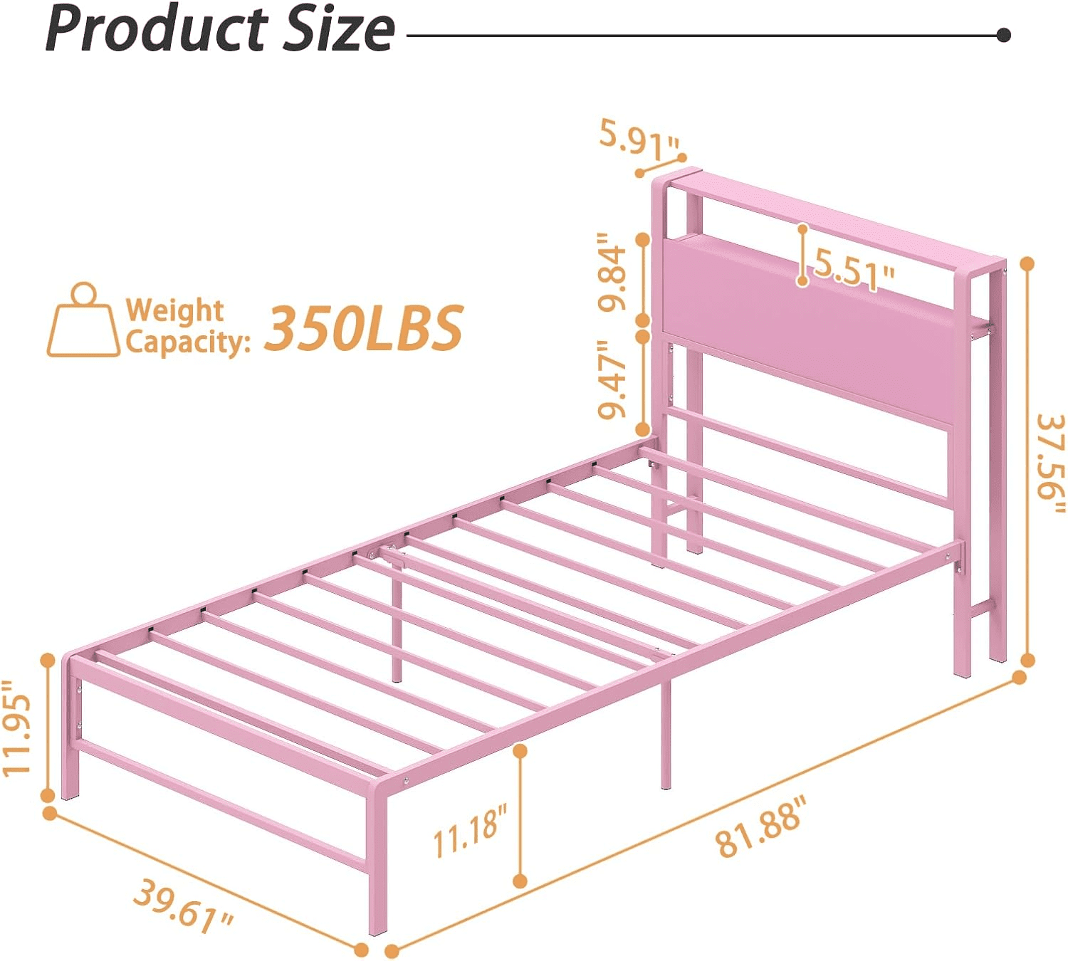 Yoneston Twin Kids Metal Bed Frame with 2-Tire Storage Headboard, Heavy Duty Platform Bed Frame Bedroom Furniture for Girls, Pink