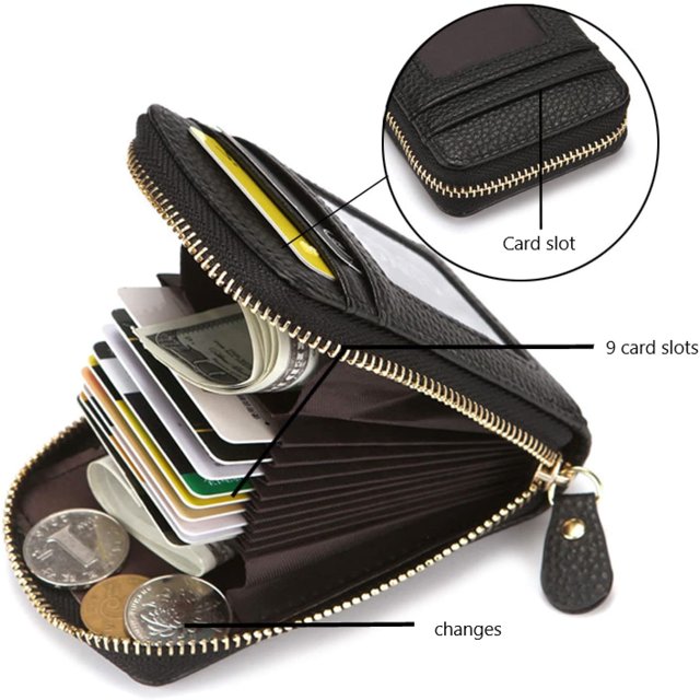 Tarjetero con cremallera para tarjetas de crédito, bolso compacto para tarjetas de identificación en acordeón y tarjetero con bolsillo de camuflaje, tarjetero de piel para tarjetas de crédito (negro)