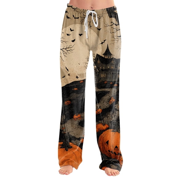 Satingcolo Halloween Pajamas Women Pumpkin Ghost Skeleton Stretchy Soft Lightweight Orange Pj Pants Halloween Sleepwear S-3XL