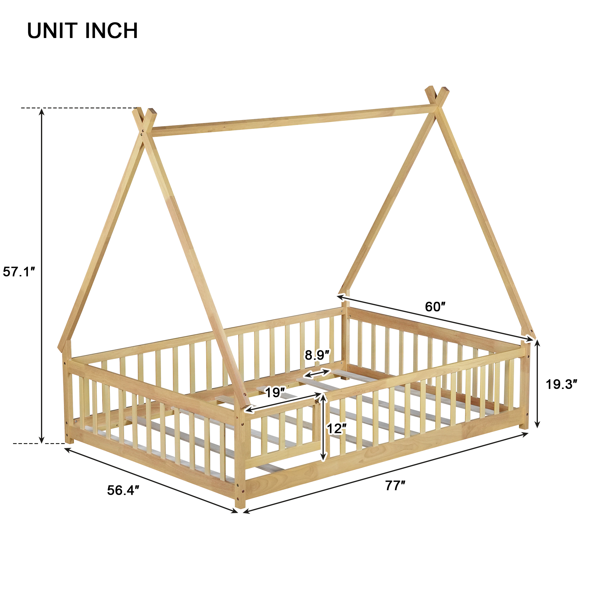 Miniyam Full Size Teepee Tent Floor Bed with Guardrails and Lockable Door, Wooden Montessori Bed with Slats for Kids Bedroom, Natural