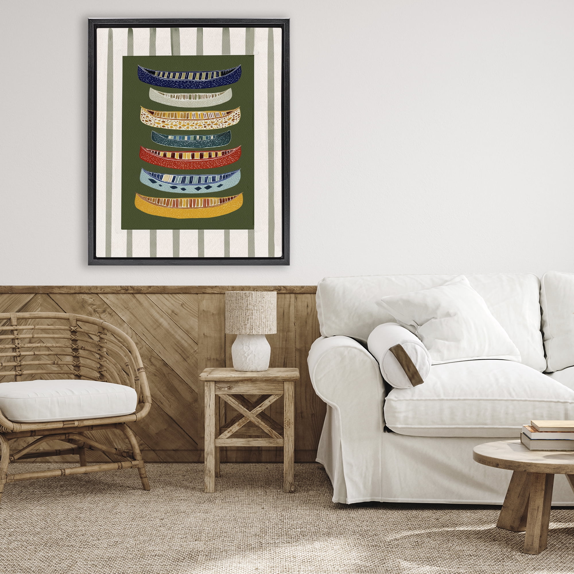 Stupell Industries Patterned Canoes over Stripes Black Framed Floater Canvas Wall Art, design by Yen