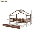 thumbnail image 2 of Harper & Bright Designs Full Size Wooden House Bed with Trundle, Wood Montessori Daybed Frame with Roof and Safety Guardrail, Walnut, 2 of 12