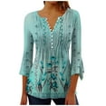 thumbnail image 2 of ALLLIST Short Sleeve Spring Tops Green V-Neck Graphic Casual Button Pleated T-Shirts Casual Blouses for Women, 2 of 5