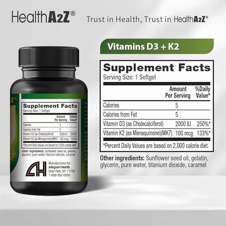 HealthA2Z Vitamin D3 + K2 | 2000 IU + 100 mcg | 90 Easy-to-Swallow